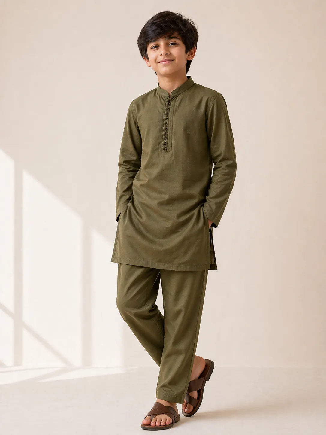 Boys Olive Green Kameez Shalwar — Cotton Lawn Chambray Mehndi Kurta Pajama for Kids