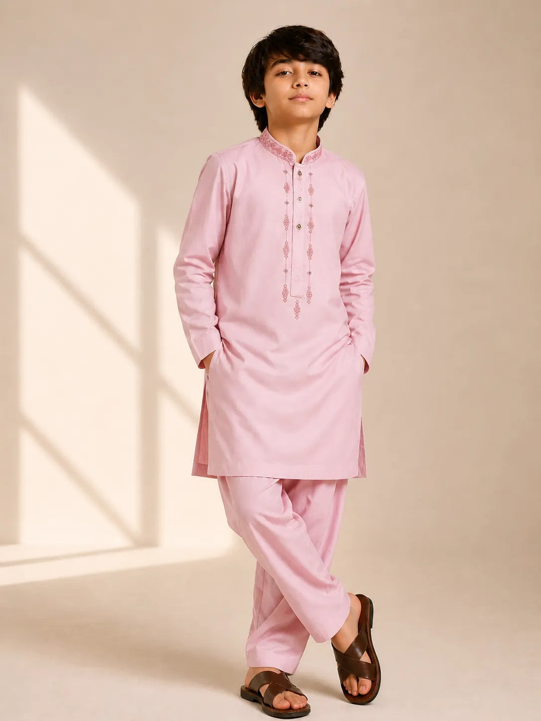 Boys Pink Embroidered Kameez Shalwar — Cotton Lawn Eid Mehndi