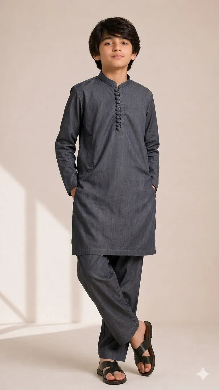 Boys Dark Grey Kameez Shalwar — Cotton Lawn Chambray Plain