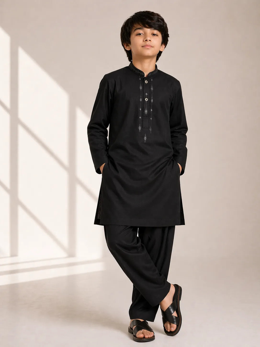 Boys Black Embroidered Kameez Shalwar — Cotton Lawn Eid Formal