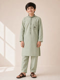 Boys Sage Green Embroidered Kurta Shalwar — Cotton Lawn Chambray Pista Eid Outfit