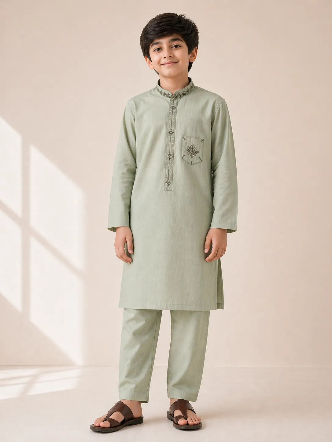 Boys Sage Green Embroidered Kurta Shalwar — Cotton Lawn Chambray Pista Eid Outfit