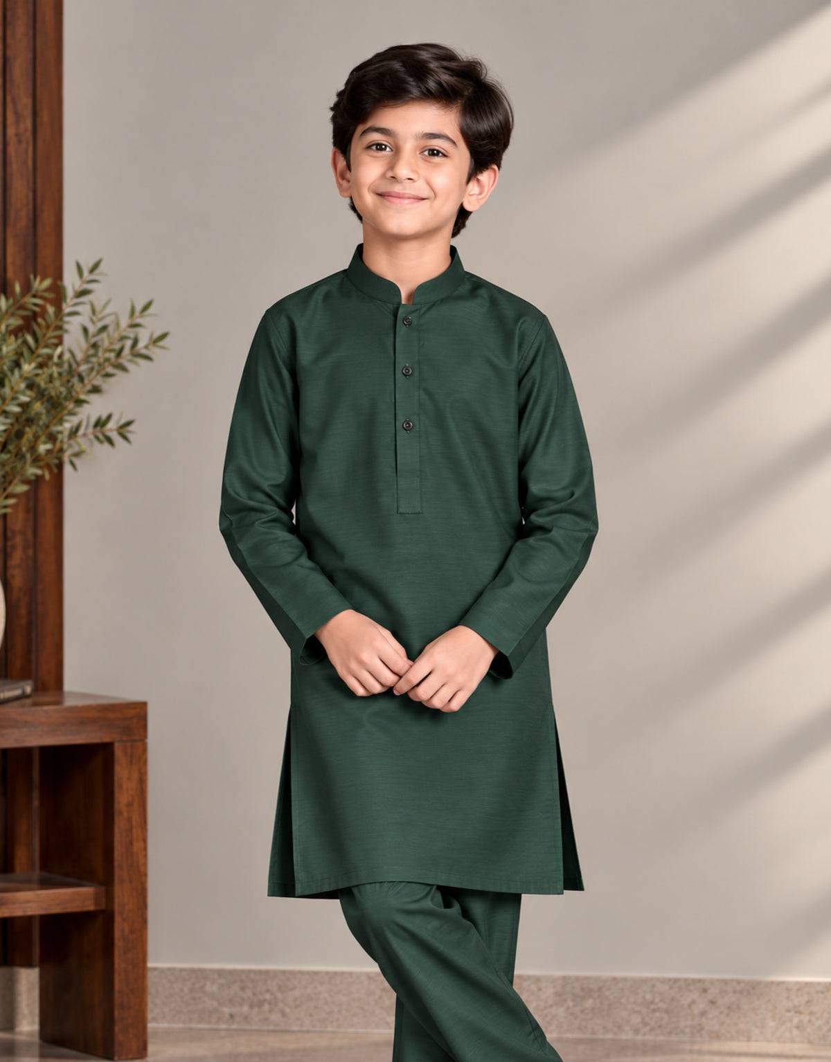 Boys Bottle Green Royal Silk Kurta Shalwar — Harisan Wear