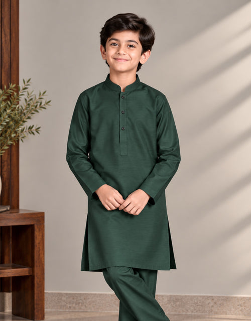 Boys Bottle Green Royal Silk Kurta Shalwar — Harisan Wear