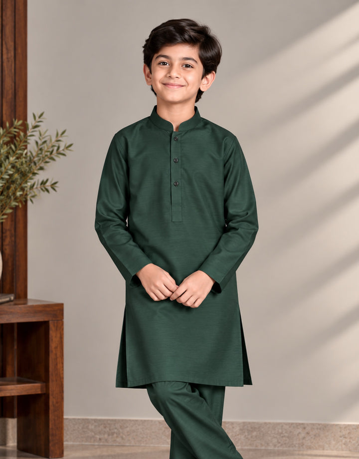 Boys Bottle Green Royal Silk Kurta Shalwar — Classic