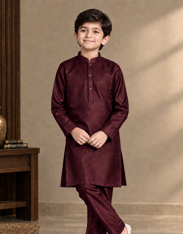 Boys Maroon Royal Silk Kurta Shalwar — Self-Textured