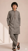 Boys Taupe Embroidered Kurta Shalwar — Cotton Lawn Chambray Eid