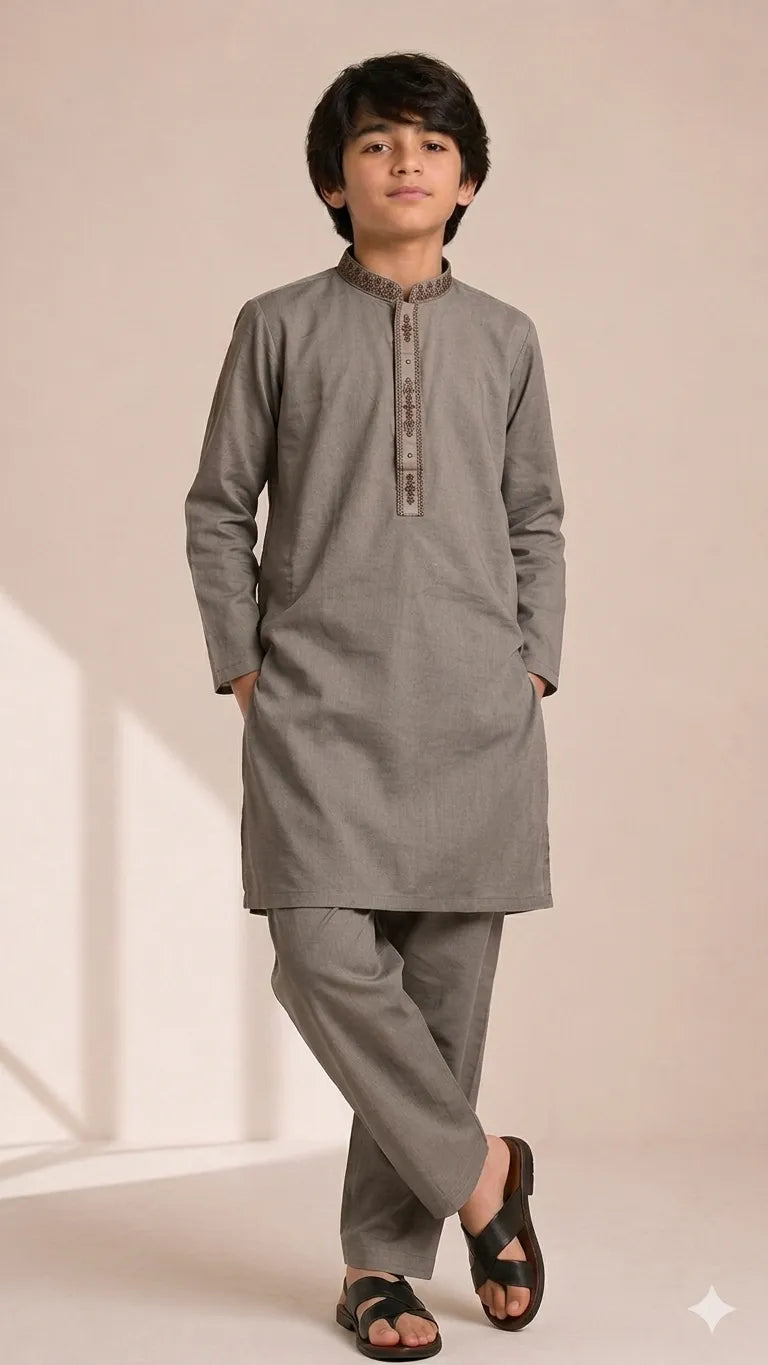 Boys Taupe Embroidered Kurta Shalwar — Cotton Lawn Chambray Eid