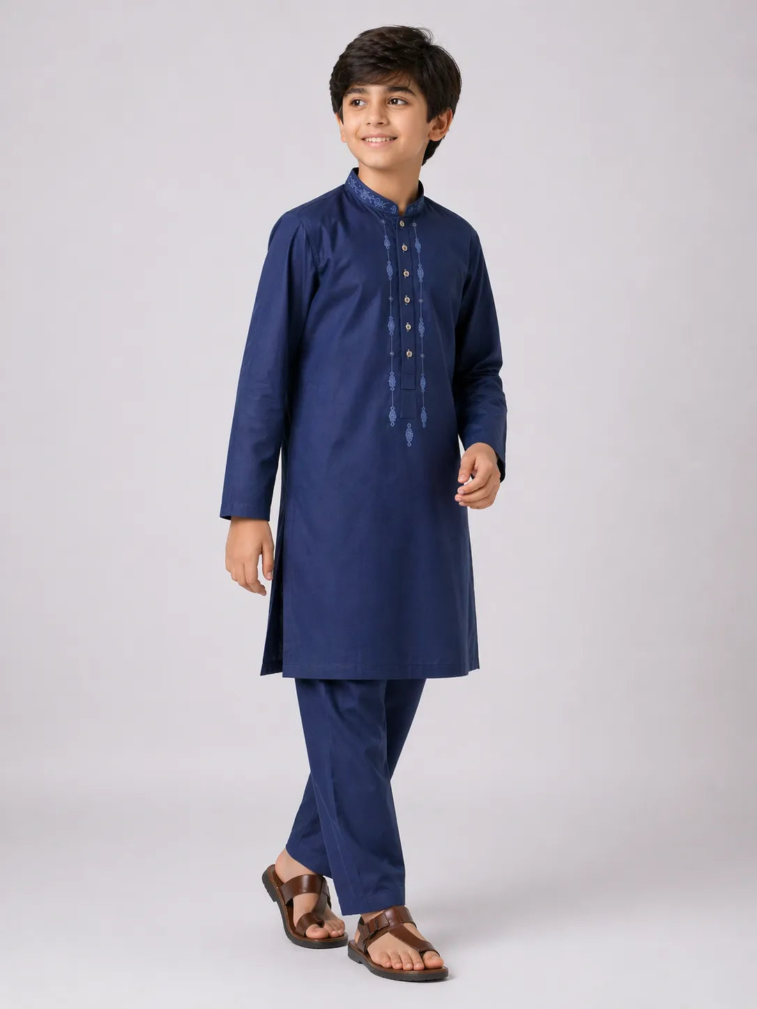 Boys Navy Blue Embroidered Kameez Shalwar — Cotton Lawn Eid