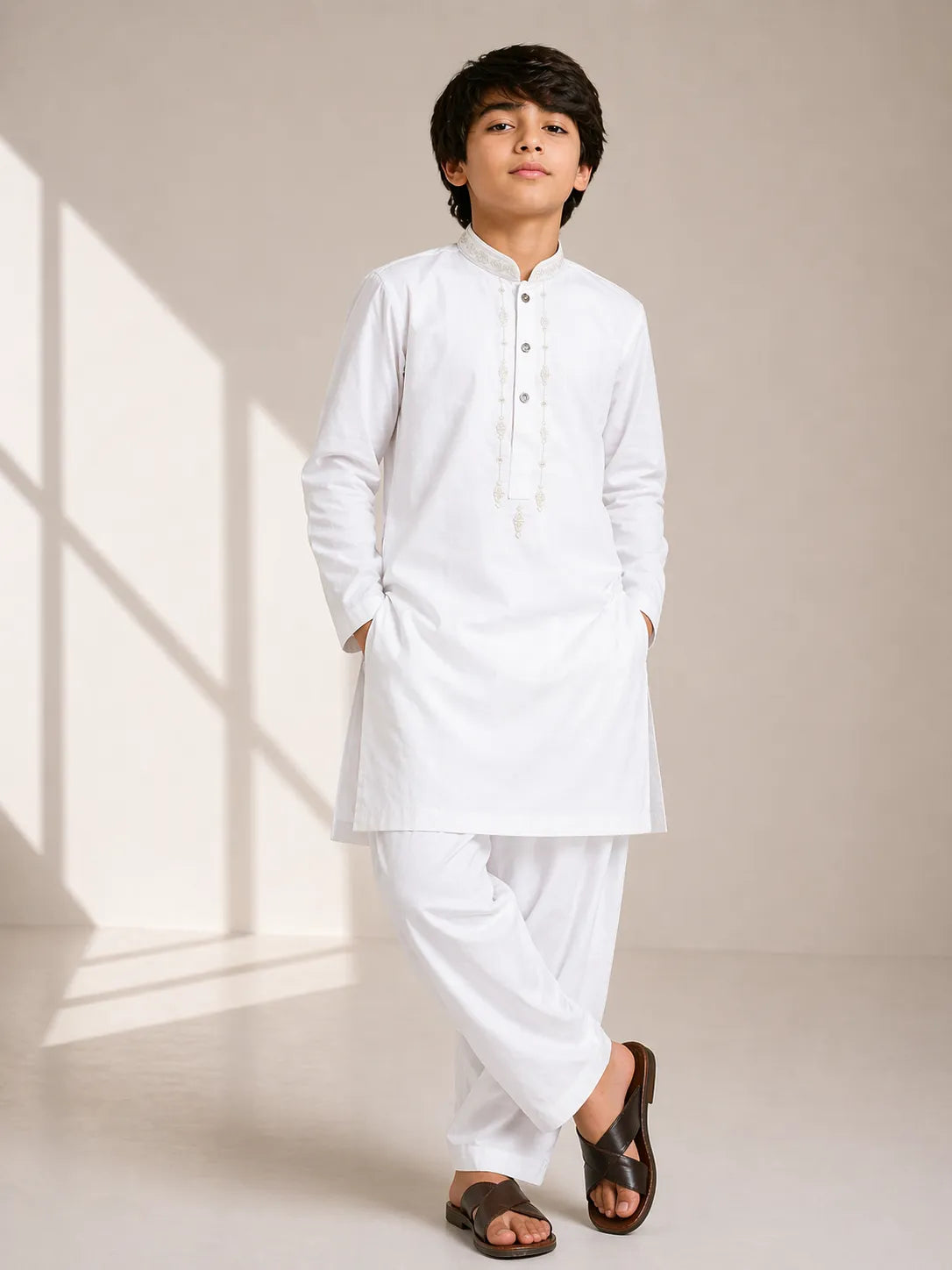 Boys White Embroidered Kurta Shalwar — Cotton Lawn Kameez Pajama for Kids