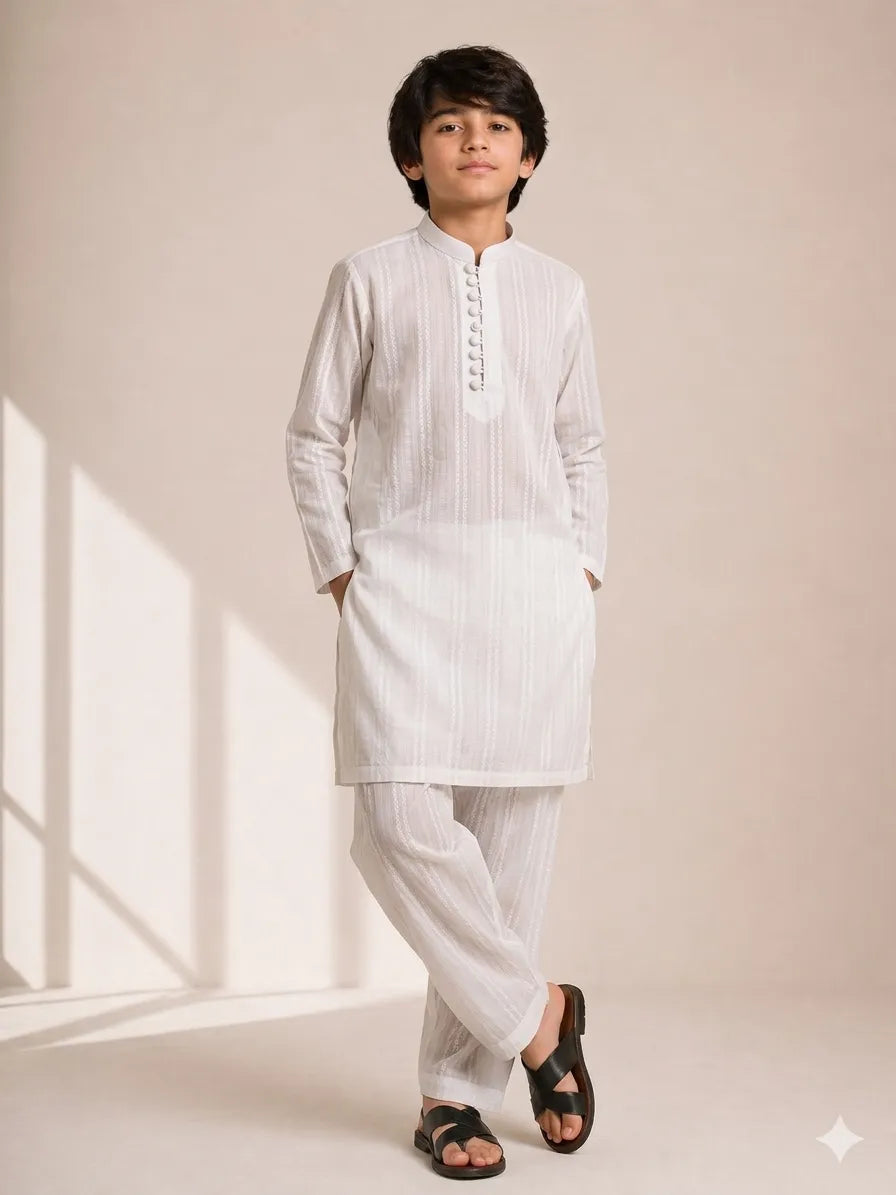 Boys White Textured Kameez Shalwar — Cotton Lawn Lining Kurta Pajama for Kids